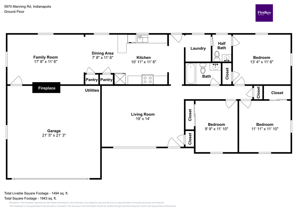 A floor plan for a home at 5970 N Marion Rd, Indianapolis Ground Floor.