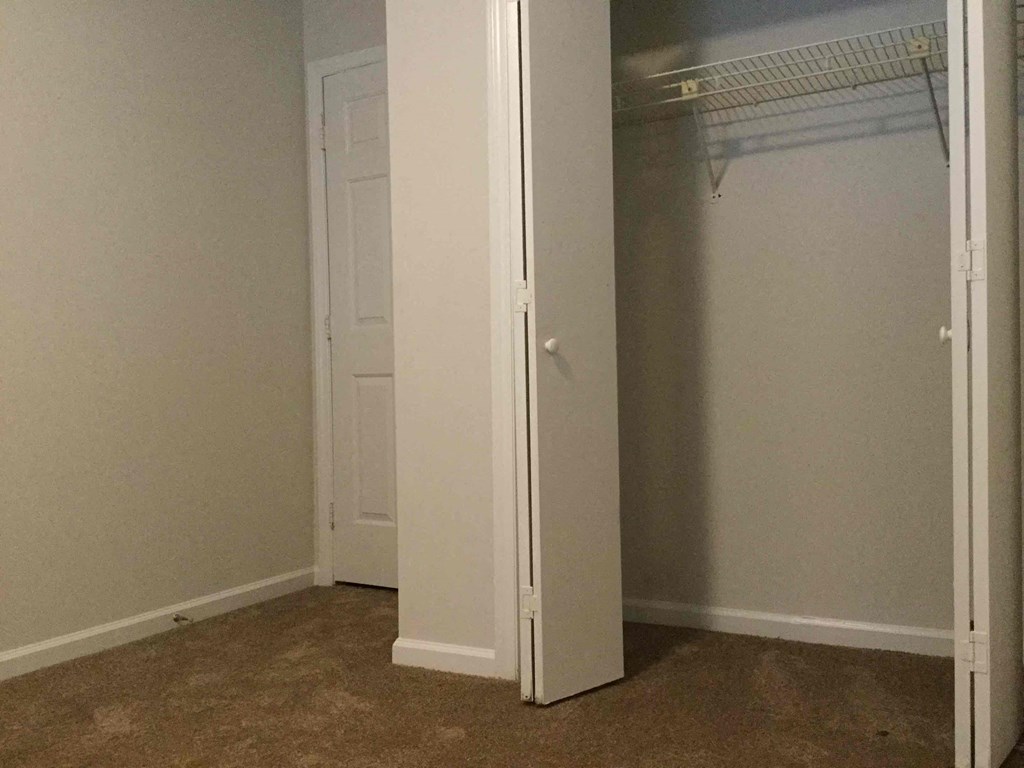 a room with a closet and a door open