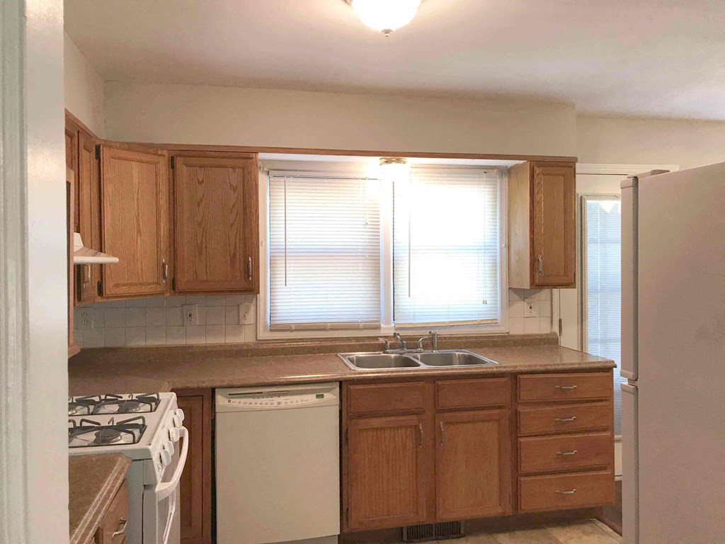 a kitchen with wooden cabinets and a sink and a window