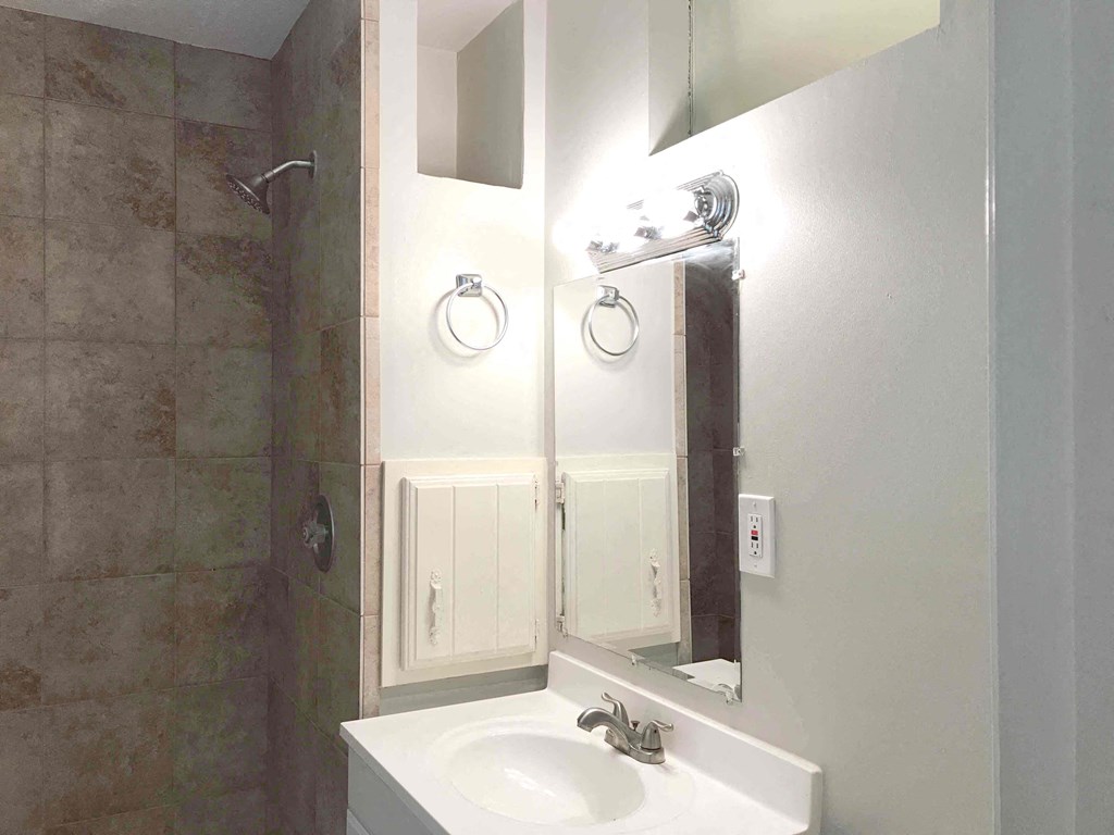 a bathroom with a sink and a mirror and a shower