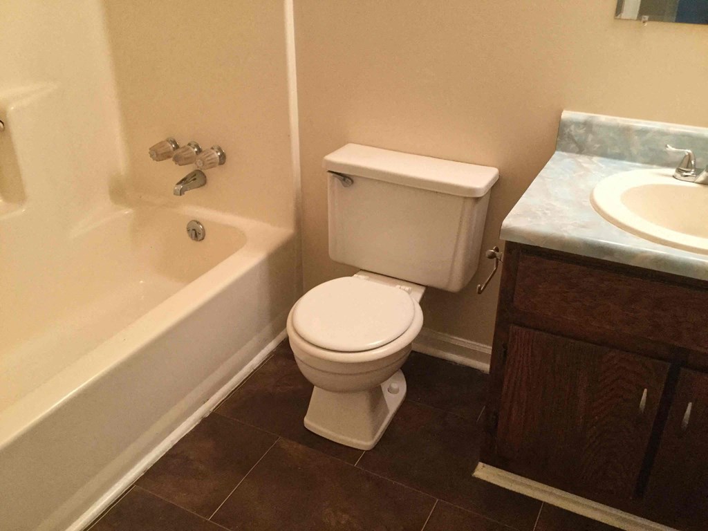 a bathroom with a toilet and a tub and a sink