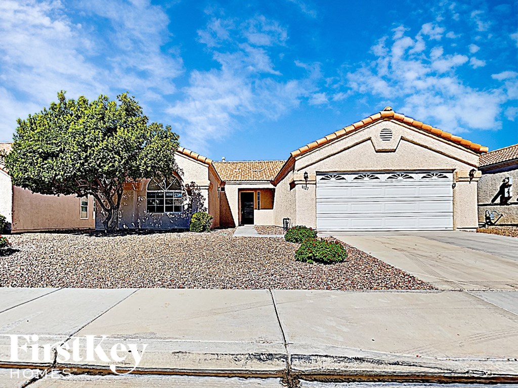 A house with a garage and a tree in front.