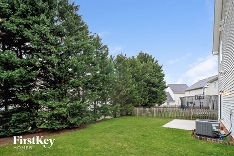 A backyard with a lawn and trees.