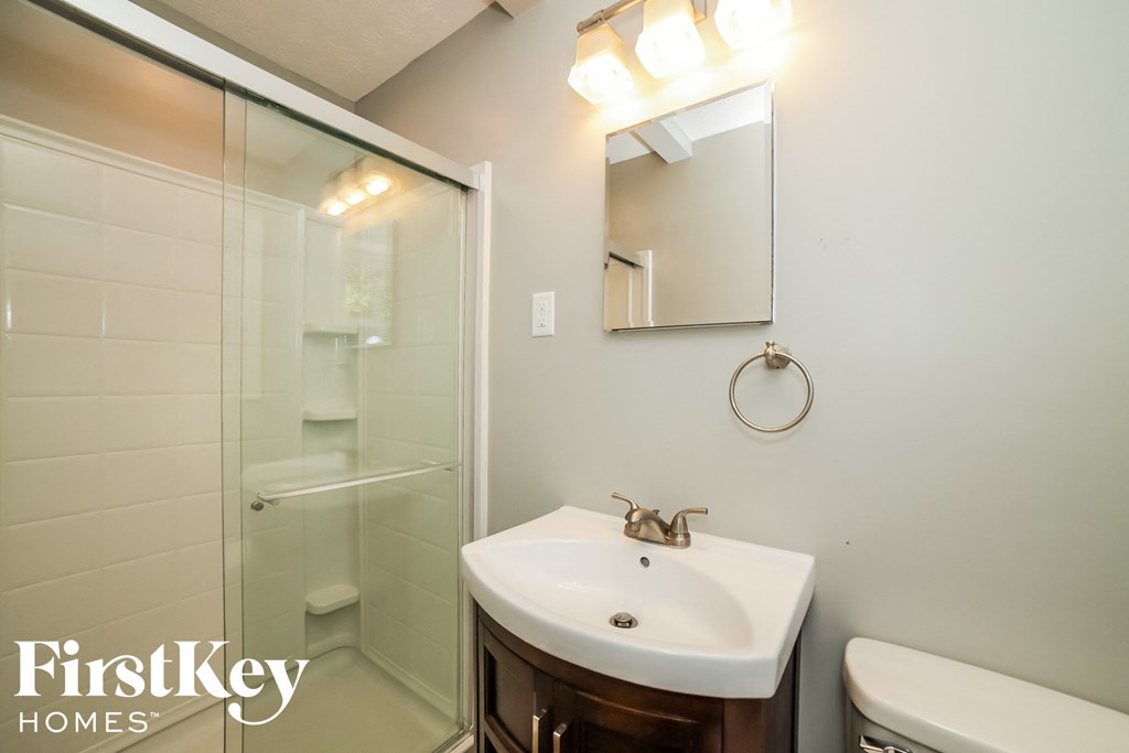 a bathroom with a sink and a shower and a mirror
