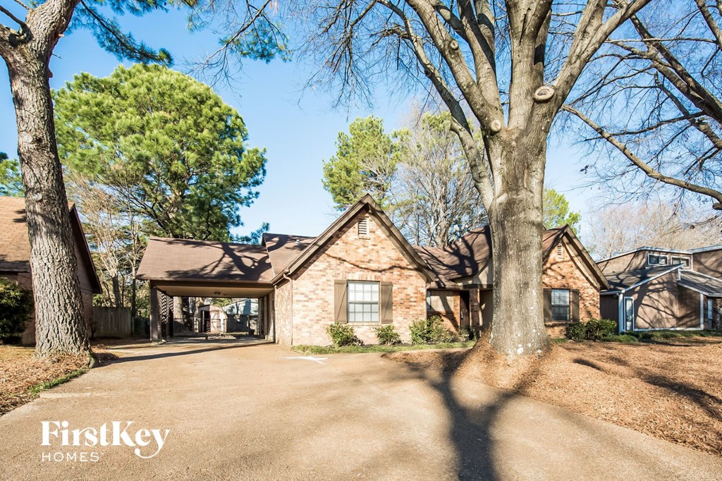 A house with a driveway and trees in front of it.