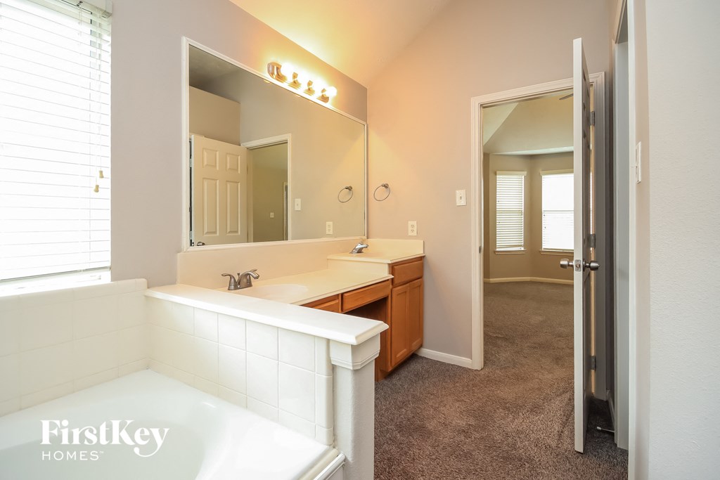 a bathroom with a tub and a sink and a mirror