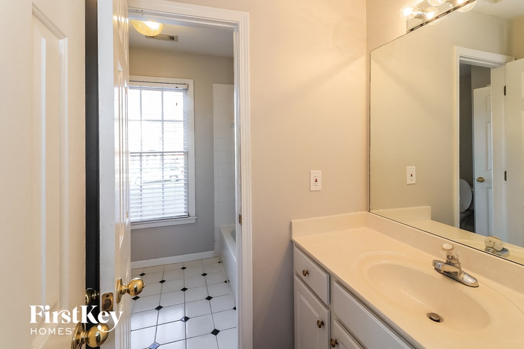 a bathroom with a sink and a mirror