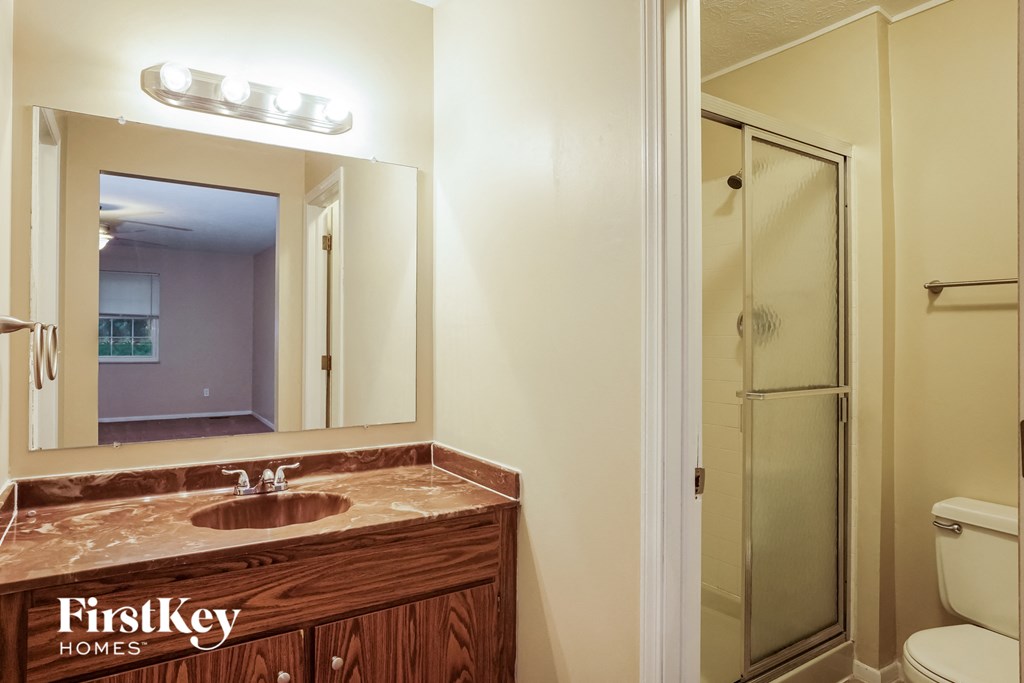 a bathroom with a sink and a mirror and a shower