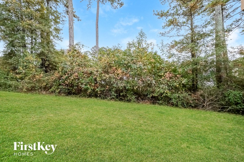 a backyard with a green lawn and trees