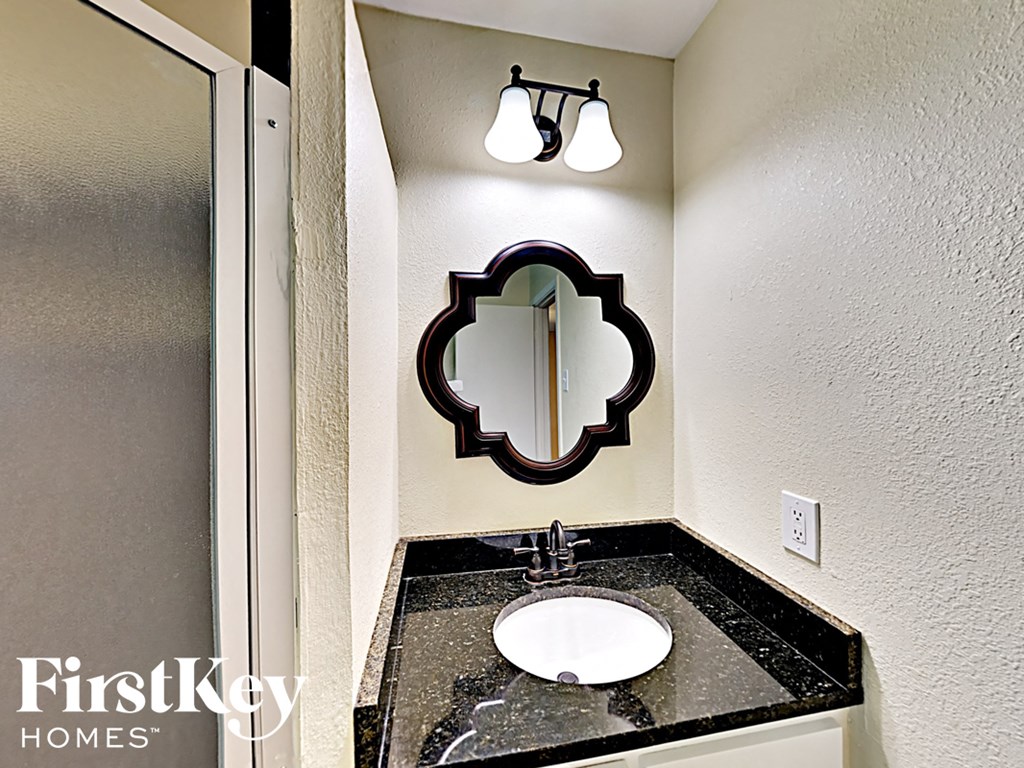 a bathroom with a sink and a mirror