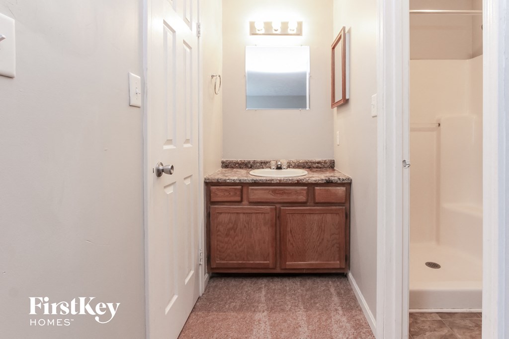 a bathroom with a sink and a mirror and a shower