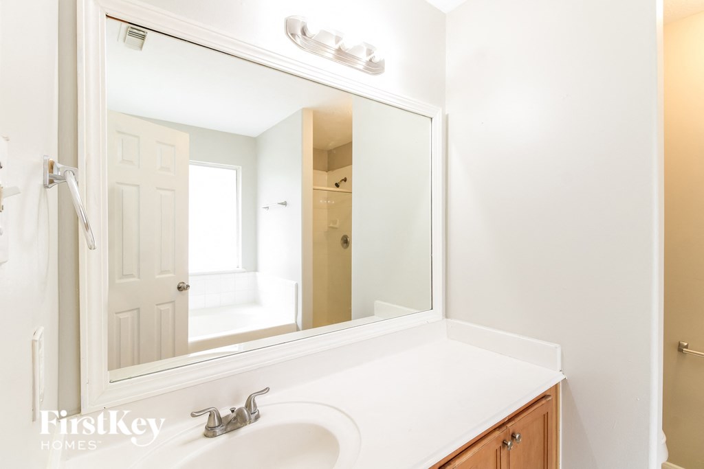 a bathroom with a sink and a large mirror