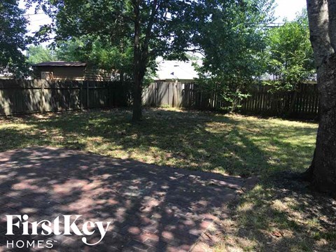 a backyard with shady trees and a fence