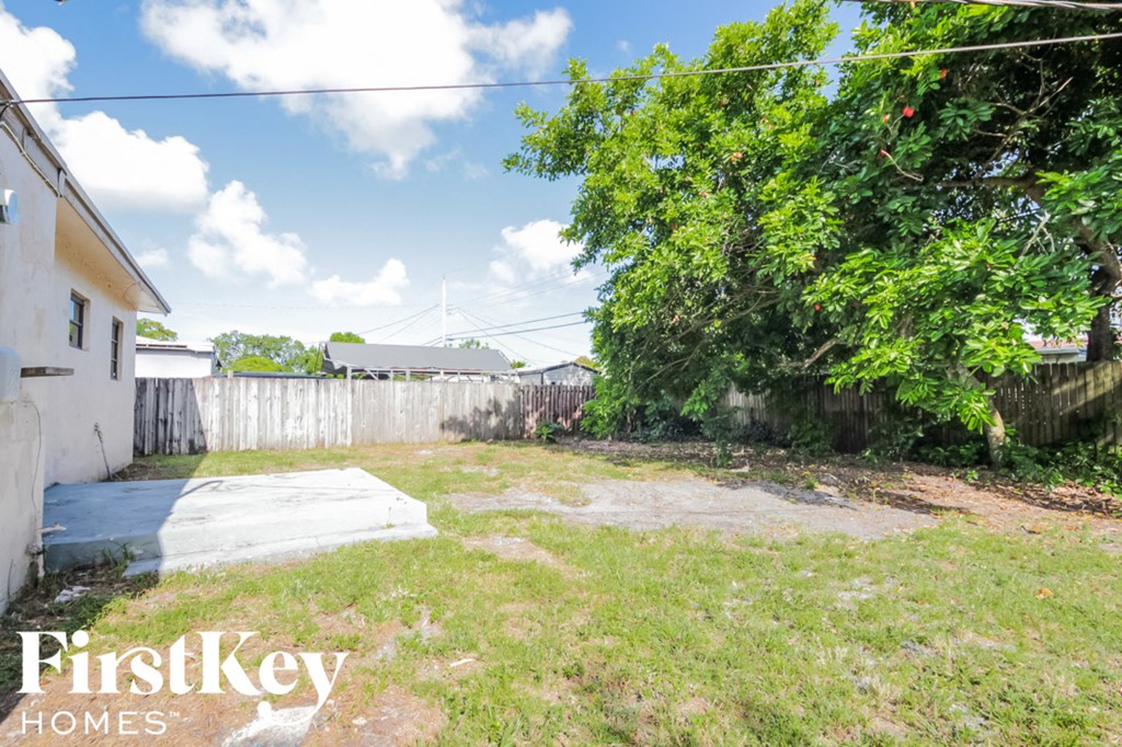 a backyard with grass and a fence and a tree