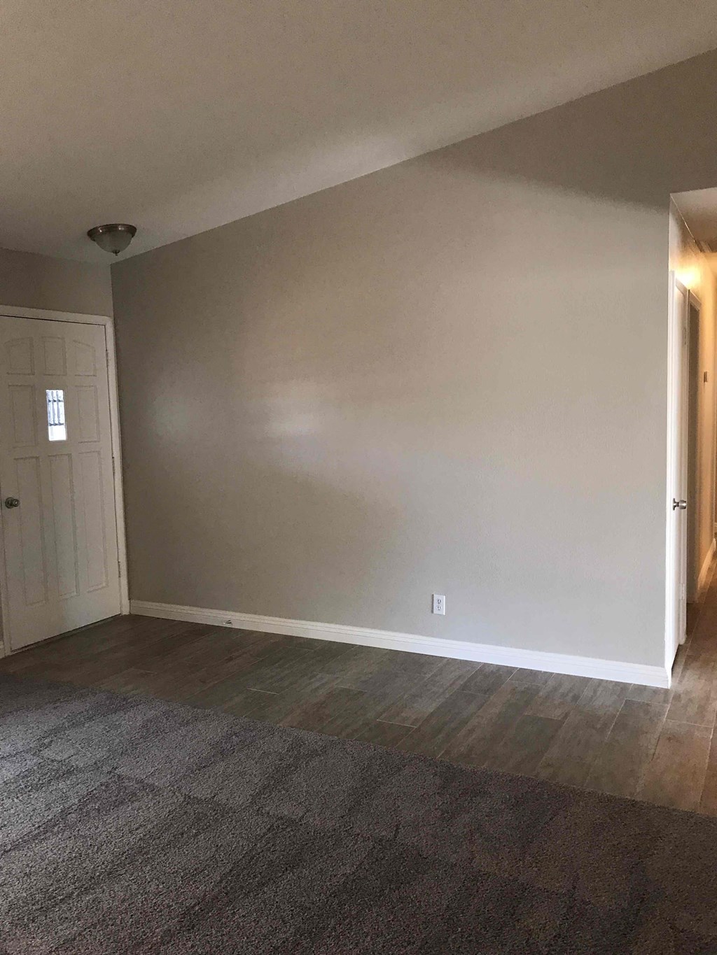 A room with a white door and a carpeted floor.