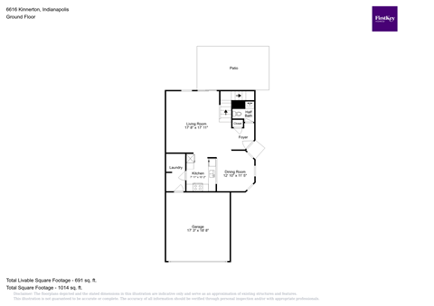 A floor plan of a home with a living room, dining room, kitchen, and bathroom.