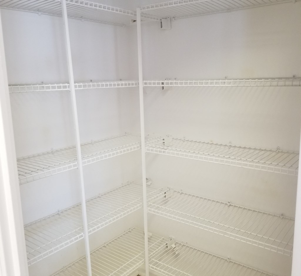 the empty shelves in the closet in the corner of the room