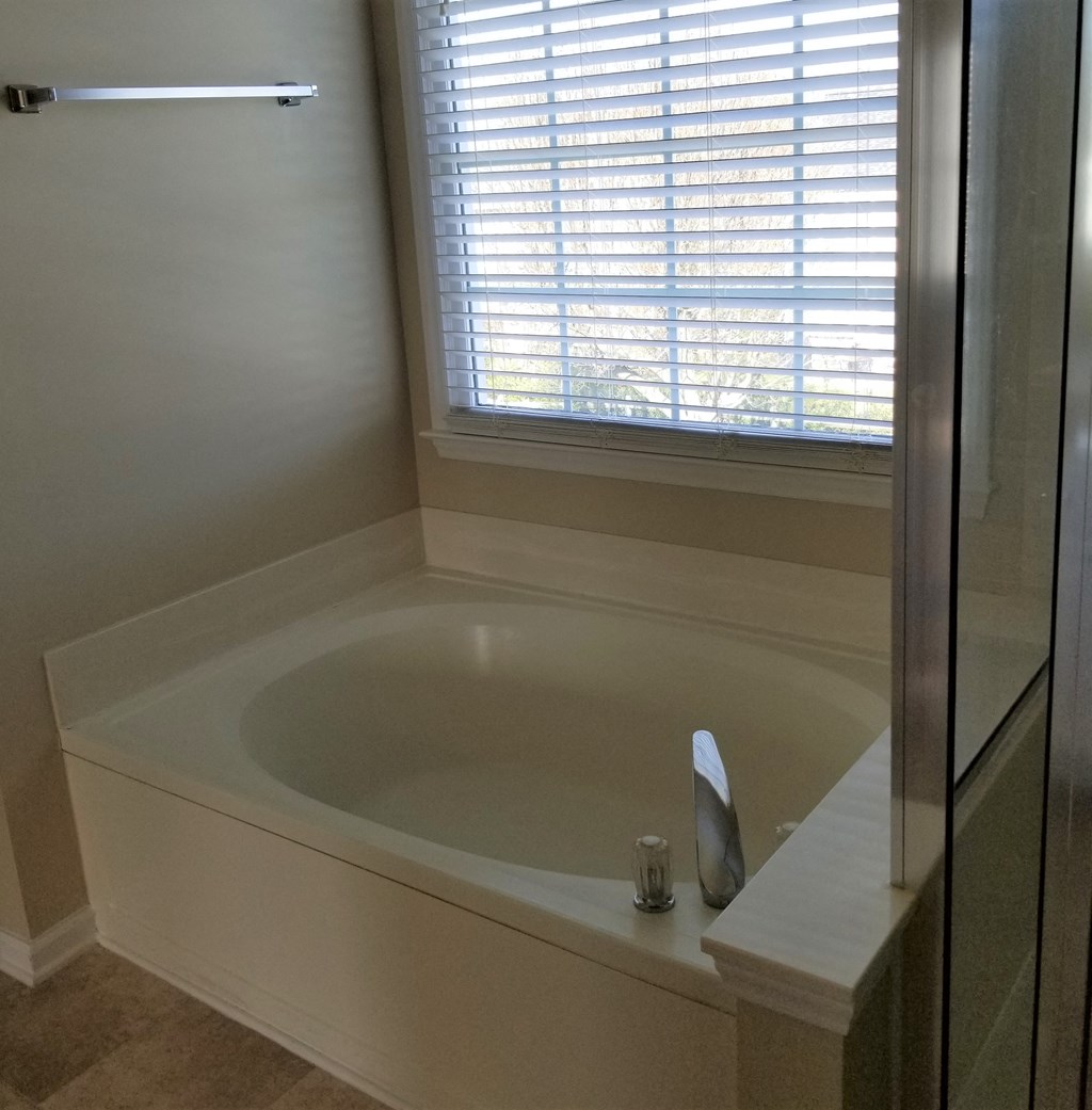 a bathroom with a tub and a window