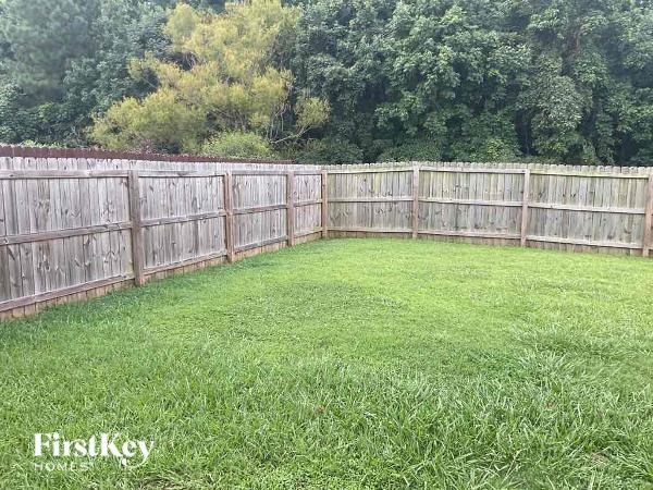 A backyard with a wooden fence and green grass.