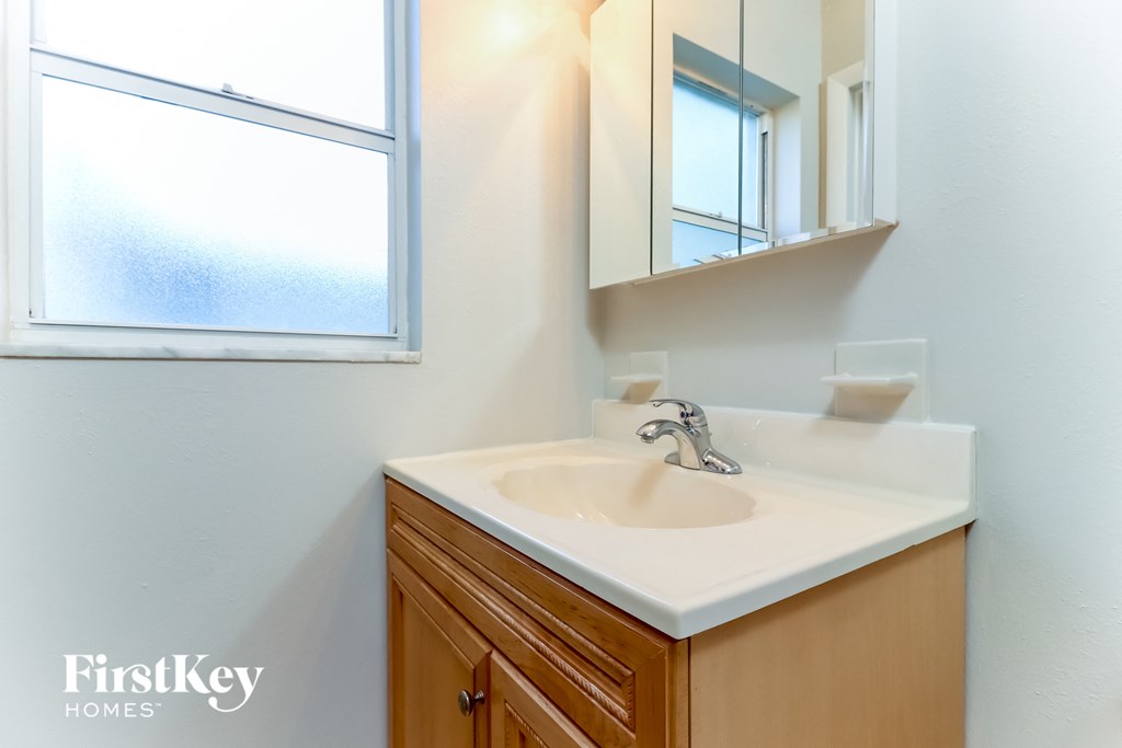 a bathroom with a sink and a mirror and a window