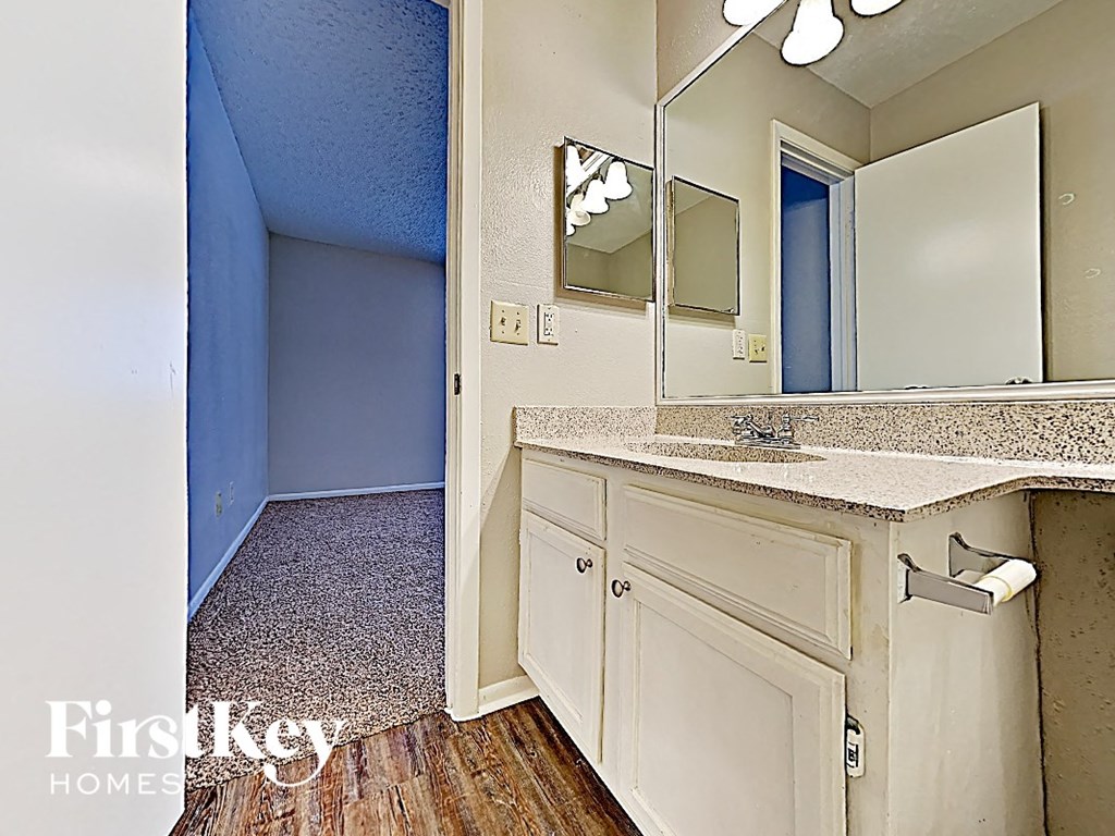 a bathroom with a sink and a mirror