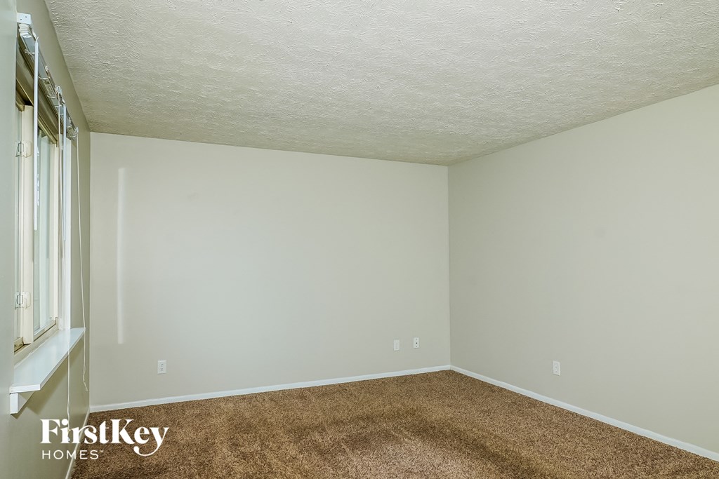 a bedroom with a carpeted floor and a window