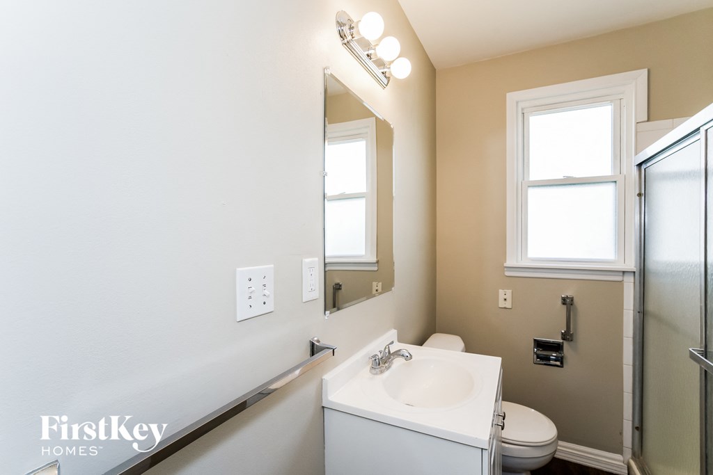 a bathroom with a sink and a mirror and a toilet