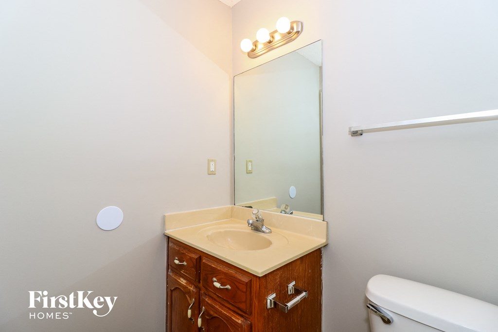 a bathroom with a sink and a mirror and a toilet