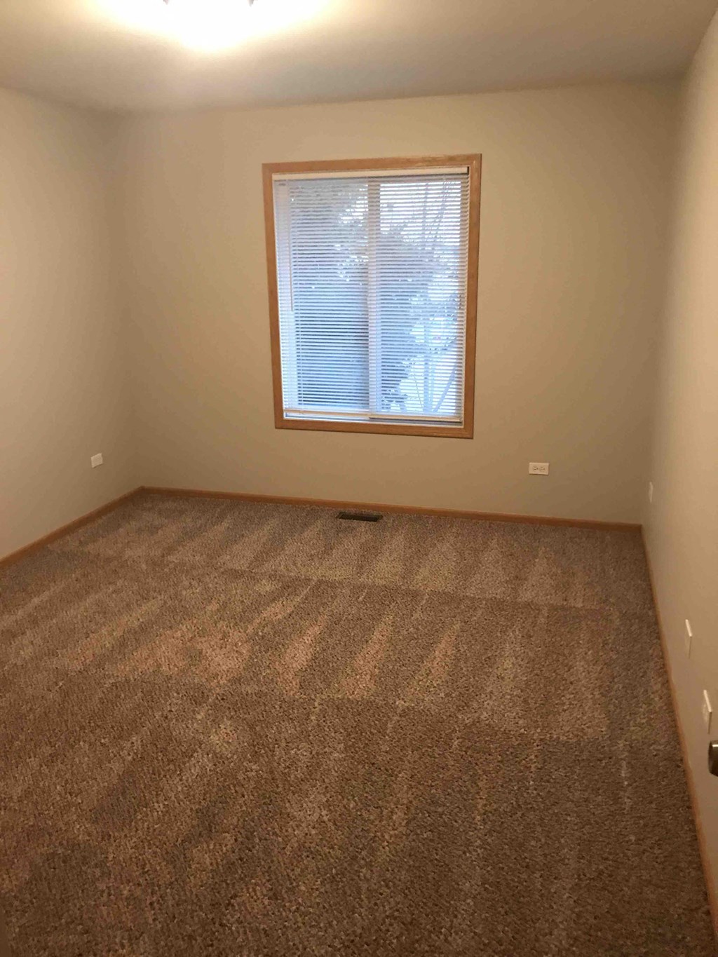 an empty room with carpet and a window