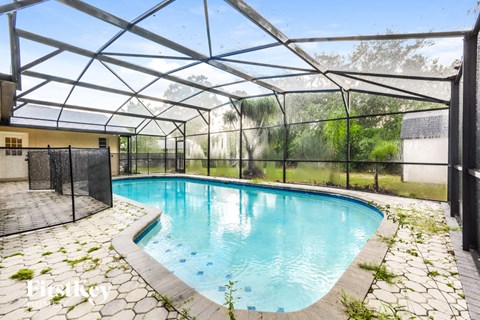 a swimming pool with an enclosure around it