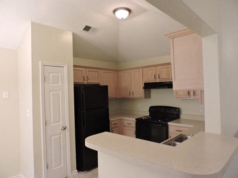 A kitchen with black appliances and wooden cabinets.