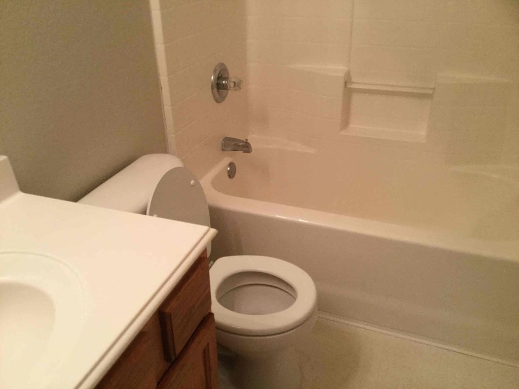 a bathroom with a toilet and a tub and a sink