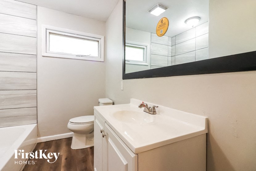 a bathroom with a sink and a toilet and a mirror