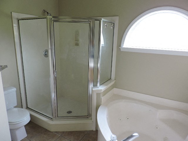 a bathroom with a shower and a tub and a toilet