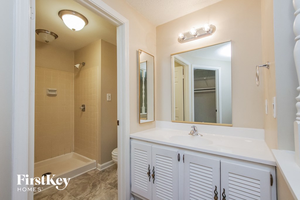 a bathroom with a sink and a shower and a mirror