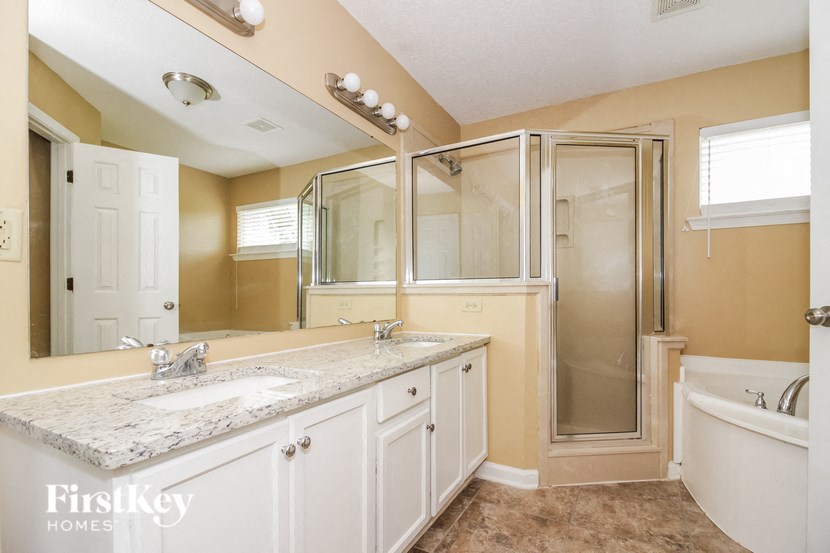 a bathroom with a sink and a shower and a mirror