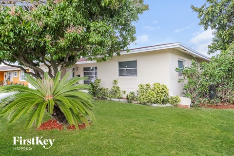 a house with a yard and a palm tree in front of it