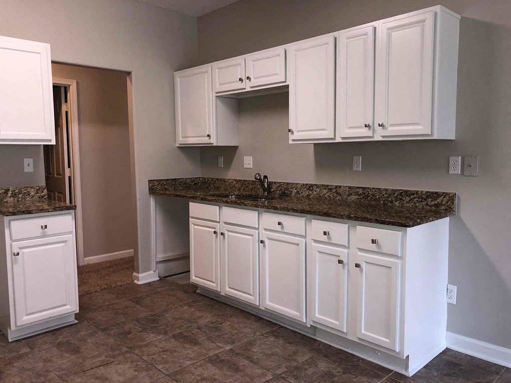 A kitchen with white cabinets and a granite countertop.