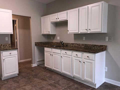 A kitchen with white cabinets and a granite countertop.
