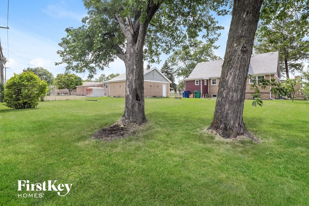 two trees in the middle of a field with houses in the background