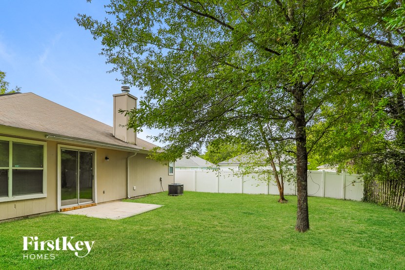 a backyard with a tree and a house
