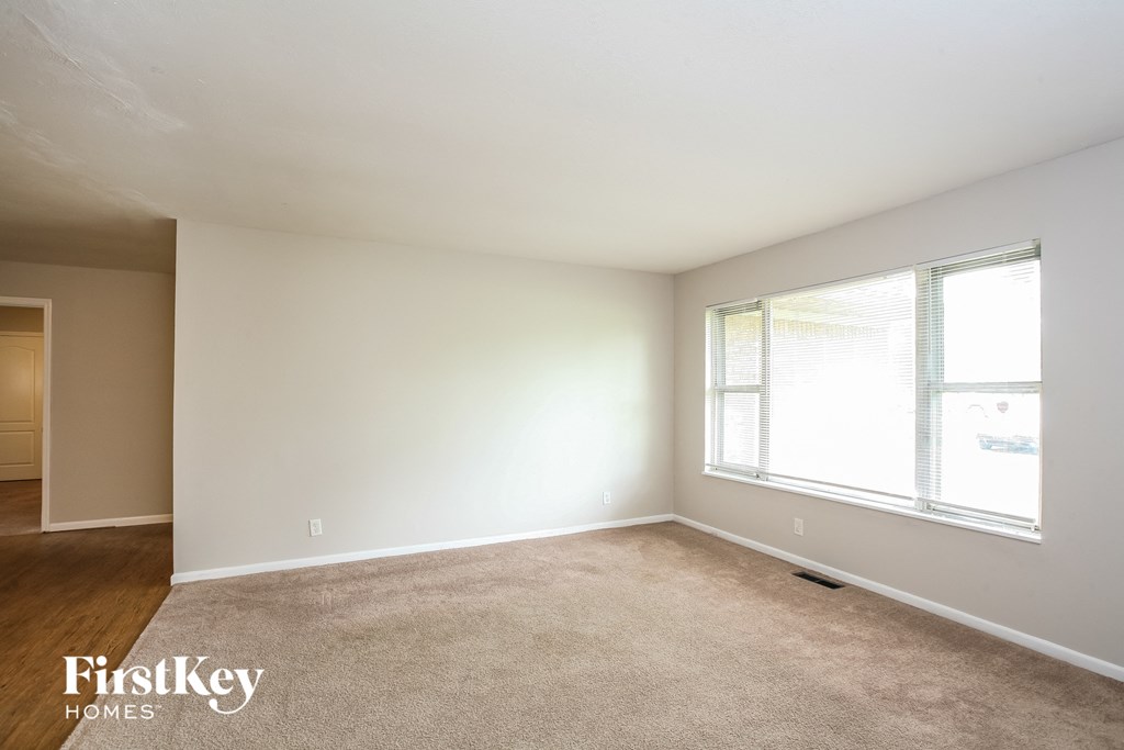 a bedroom with a carpeted floor and a large window