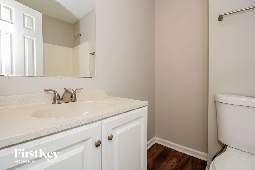 a bathroom with a sink and a toilet and a mirror