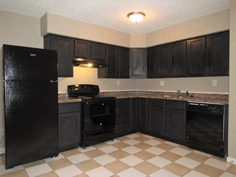 A kitchen with black cabinets and a black fridge.