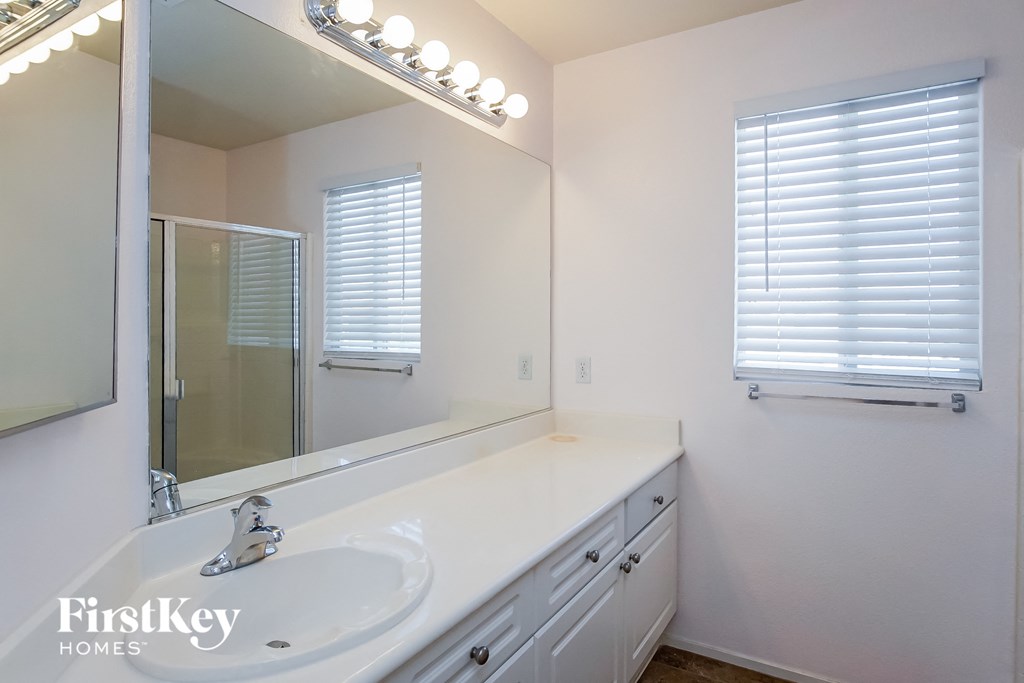 a bathroom with a sink and a mirror and a shower