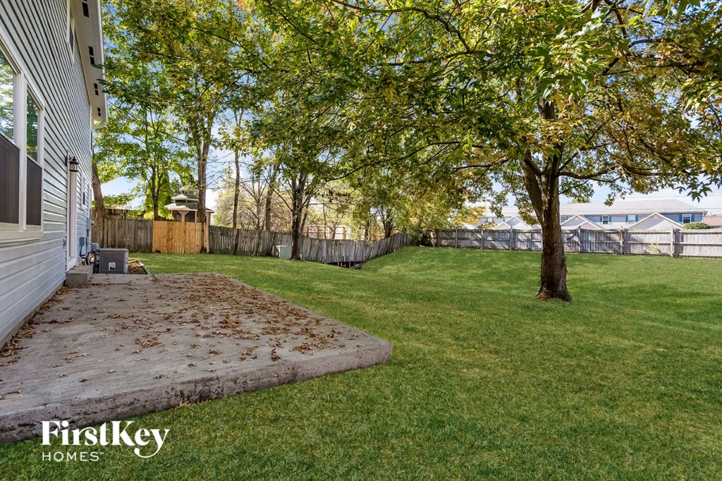 a backyard with a tree and a yard with grass and a fence