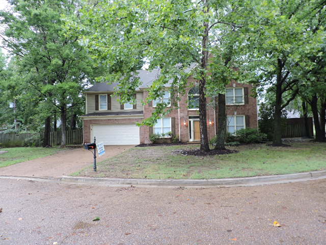 a house with a driveway and trees in front of it