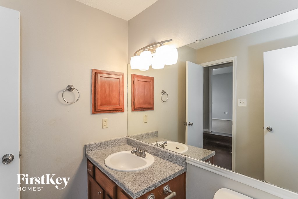 a bathroom with a sink and a mirror