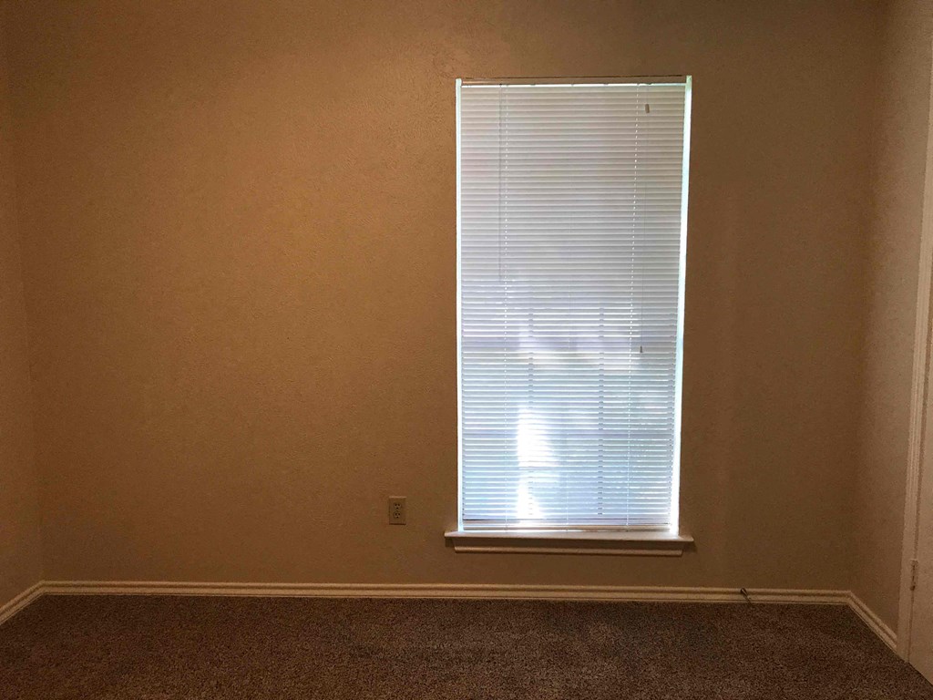 a window with blinds in a room with a carpet