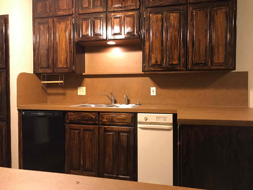 a kitchen with wooden cabinets and a dishwasher and a sink